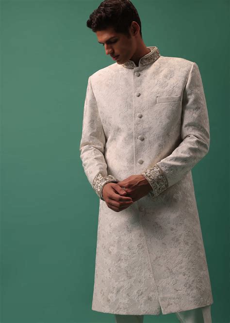 Buy Ivory White Textured Sherwani Set With Fusing Pants