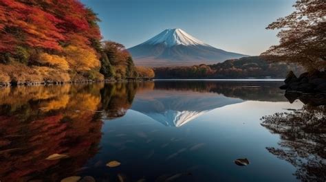 Premium Ai Image Fuji Mountain Reflection With Red Maple Leaves In Autum