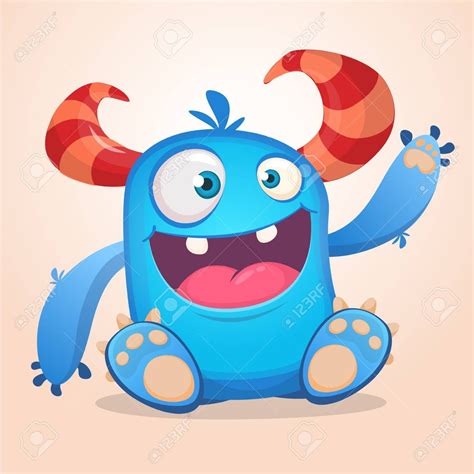 Happy Cute Cartoon Monster Halloween Vector Blue And Horned Monster