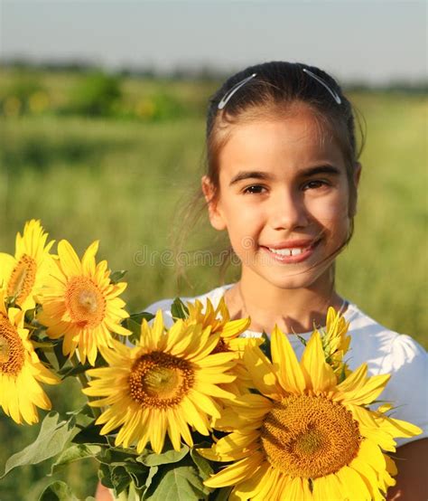 Cute Child With Sunflower In Summer Field Stock Photo Image Of Flower