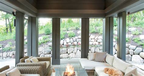 screened  porch features stained shiplap ceiling