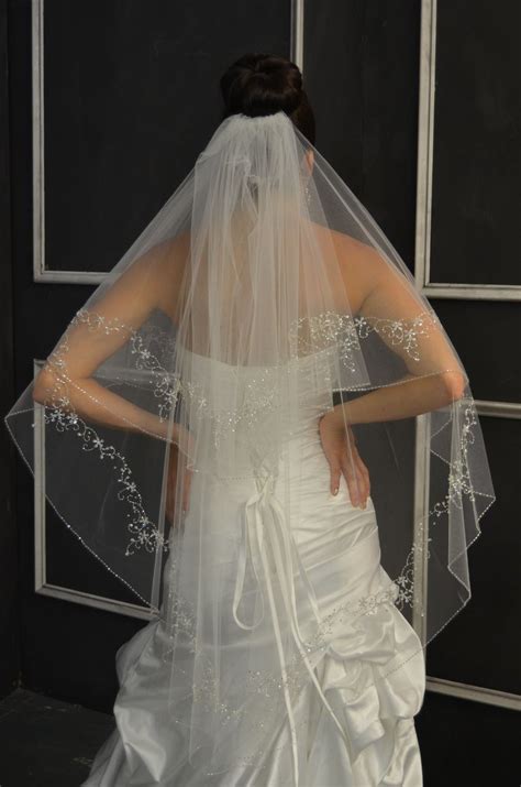 Two Layer Beaded Fingertip Wedding Veil Elena Designs E1148 Fingertip