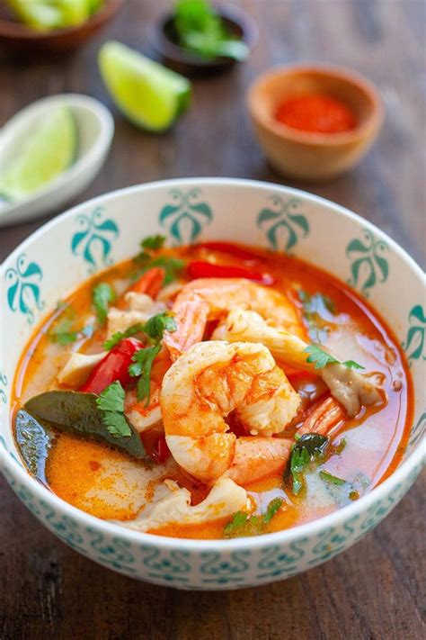 Top Down View Of Delicious Tom Yum Soup With Shrimp And Mushroom A
