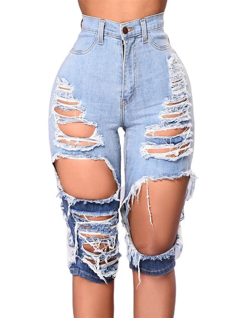 Female Ripped Jeans Fashionable High Waist Jeans Close Fitting Pants