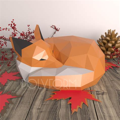 Sleeping Fox Low Poly Papercraft Pdf Template Etsy Paper Crafts 3d