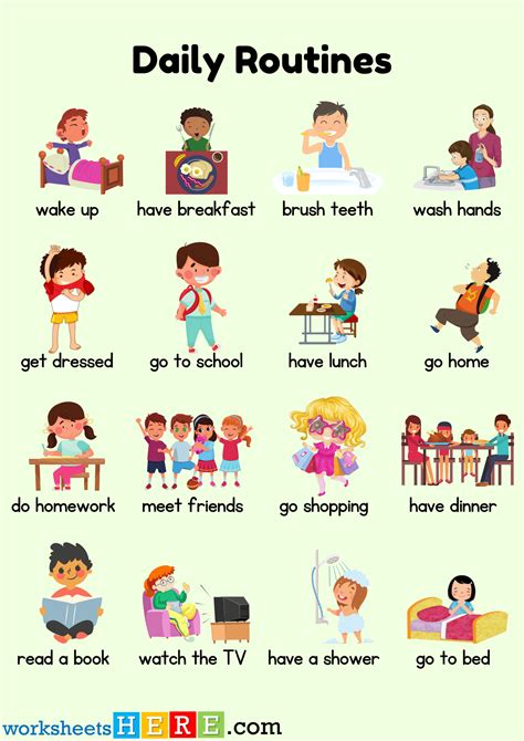Daily Routines Words With Pictures Pdf Worksheet For Kids And Students
