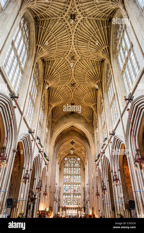 Bath Uk The Ornate Vaulted Ceiling Of The Nave Of Bath Abbey Looking