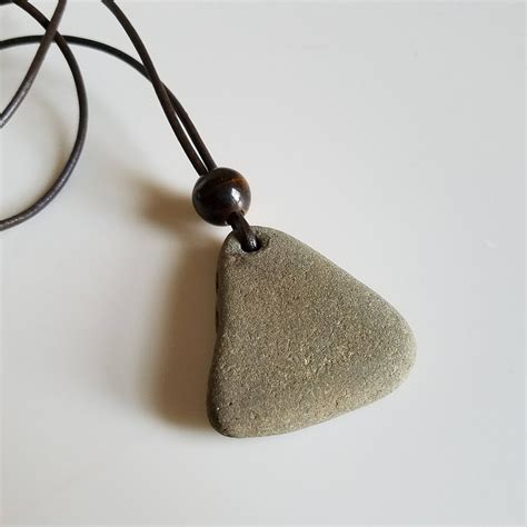 Long Leather Necklace River Rock Pendant Natural River Stone Jewelry