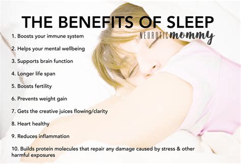 Sleeping early is an excellent way to reach the complete eight normal hours of sleep, and researchers have shown that having a lack of sleep can make you out of focus and also impairs learning. The Health Benefits of Sleep - NeuroticMommy