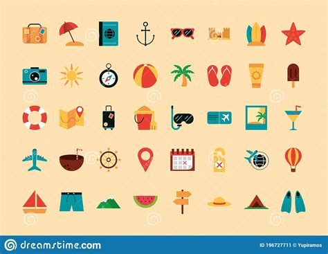 Summer Vacation Travel Season Tourism Relaxing Pack Icons Flat Style