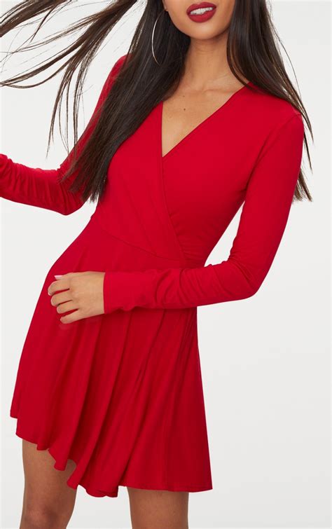 Red Jersey Wrap Long Sleeve Skater Dress Prettylittlething