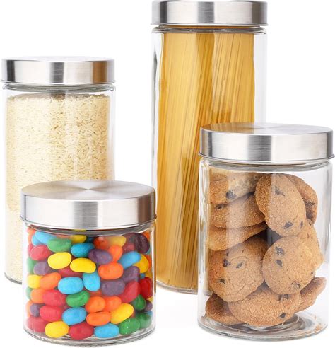 Eatneat 4 Piece Beautiful Glass Kitchen Canister Set With Stainless