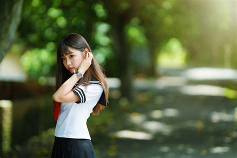 Wallpaper Schoolgirl Brunette Asian Sailor Uniform Watch Portrait Looking Away Women