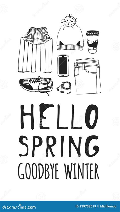 Hand Drawn Spring Fashion Illustration Wear And Quote Hello Spring
