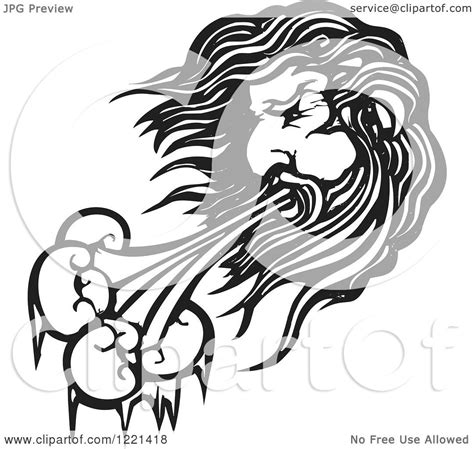 Clipart Of A Black And White North Wind Man Woodcut Royalty Free
