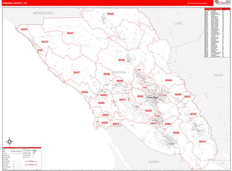 Sonoma County, CA Zip Code Wall Map Red Line Style by MarketMAPS - MapSales