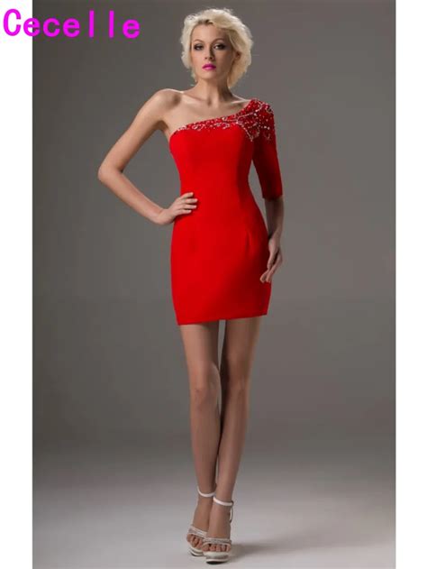Red One Shoulder Mini Cocktail Dresses Beaded Chiffon Half Sleeves Short Prom Party Dresses For