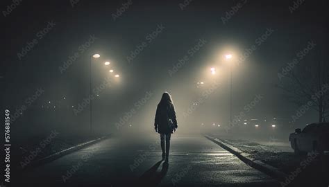 Silhouette Of A Woman Walking Down A Dark Foggy Empty Street At Night