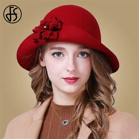 Fs Vintage Red Church Hat Women Elegant Winter Wool Wide Brim Fedoras