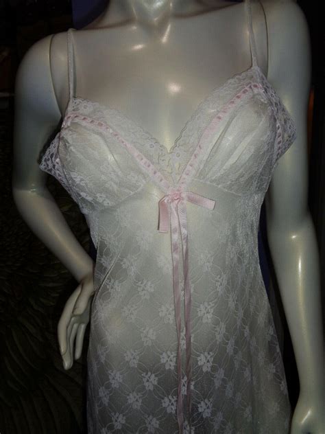 Vintage Val Mode Sheer White Floral Lace Nightgown Small Gown Pink Ribbon Trim 3770877440