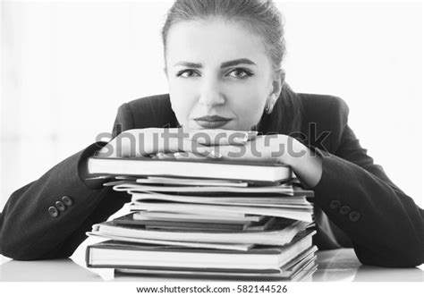 Tired Exhausted Woman Working Documents Psychological Stock Photo