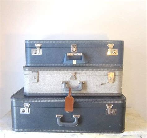 Vintage Tweed Grey Blue Luggage Suitcase Travel Display Home Decor Prop