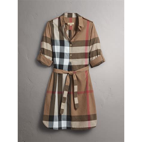 Lyst Burberry Check Cotton Shirt Dress Taupe Brown In Brown