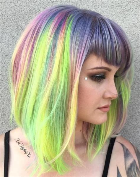 Pastel Dyed Lob With Bangs Vivid Hair Color Hair Color Pastel