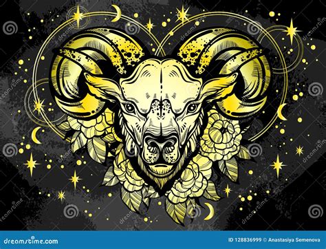 Hand Drawn Beautiful Artwork Of A Ram With Peony Flowers And Astrology