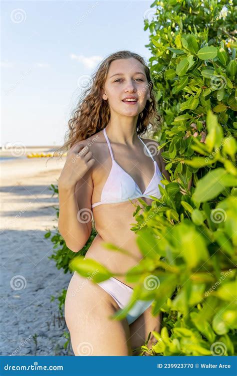 Lovely Blonde Bikini Model Posing Outdoors On A Caribbean Beach Stock Photo Image Of Holiday