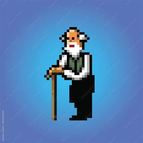 Old Man With Stick Pixel Art Style Illustration Vector Stock Vector