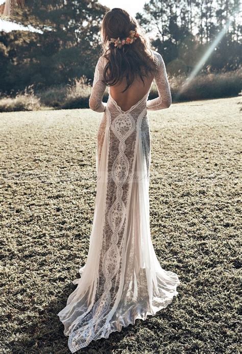 Discount Vintage Lace Backless Boho Beach Wedding Dresses Long Sleeve