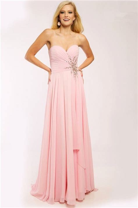Elegant A Line Strapless Sweetheart Light Pink Chiffon Beaded Long Evening Prom Dress Pink