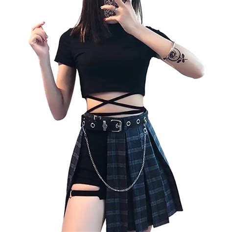 2019 chains belted punk hip hop plaid skirt women irregular sexy high waist pleated skirts