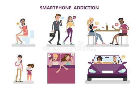 Smartphone Addiction Concept Illustration People Eat Rest And Bath