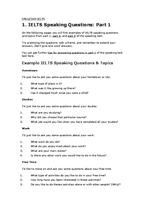 Doc Speaking Ielts 1 Ielts Speaking Questions Part 1 Example Ielts