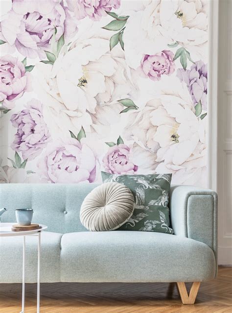 Peony Flower Mural Wallpaper Lilac Watercolor Peony Extra Etsy