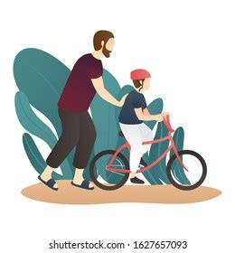 Father Teaches His Son Ride Bicycle Stock Vector Royalty Free