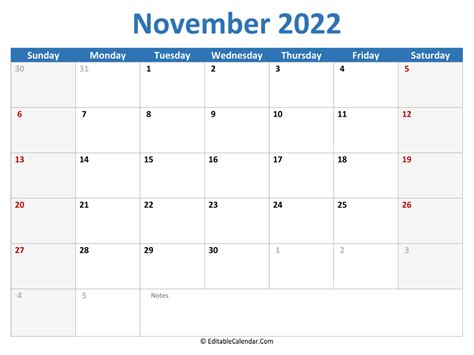 Calendar November 2022 Editable