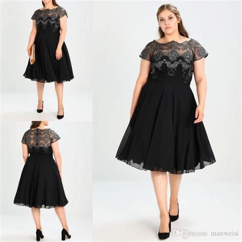 Black Plus Size Formal Prom Dresses Knee Length A Line Short Sleeve Lace Appliqued Evening