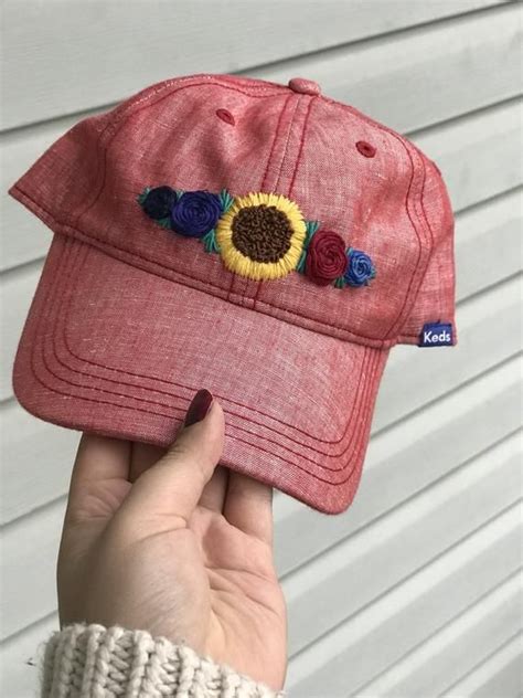 Red Keds Brand Baseball Cap Embroidered With A Sunflowers And Roses Hand Embroidered And On