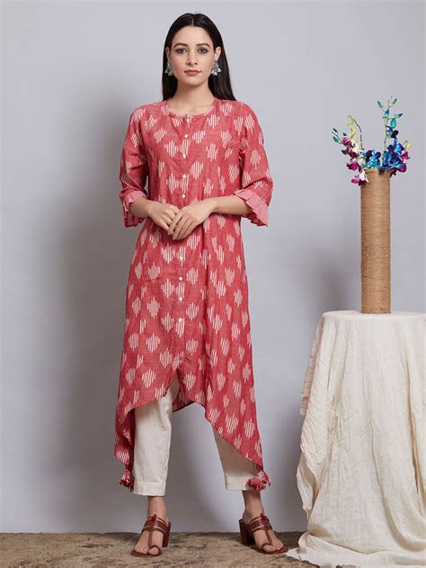 Buy Magenta Cotton Ikat Asymmetric Kurta Online At Theloom