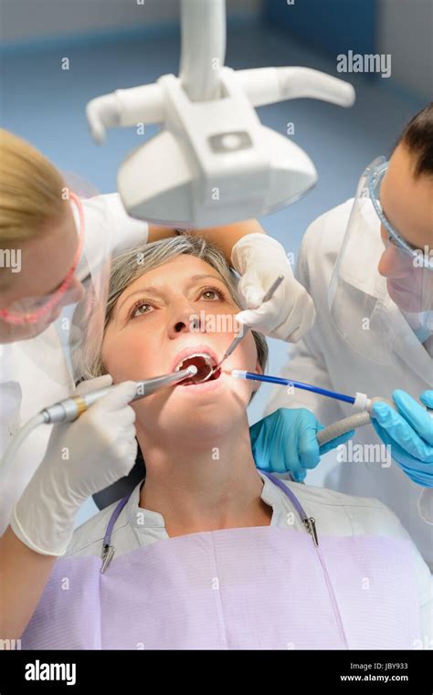 Elderly Woman Patient Open Mouth Dental Checkup Professional Dentist