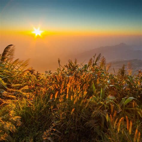 Sunrise At Top Of Mountain Phu Tabberk Phetchabun Province Stock