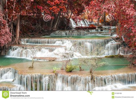 Deep Forest Waterfall In Autumn Scene At Erawan Waterfall Nation Stock