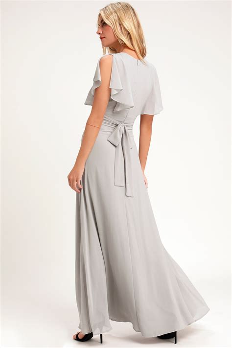 Pretty Light Grey Maxi Dress Flutter Sleeve Dress Gown Maxi Dress