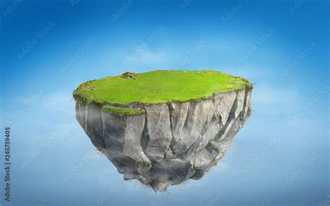3d Fantasy Floating Island With Green Grass Land On Blue Sky Surreal