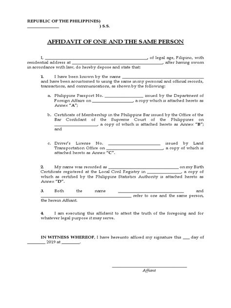 Sample Affidavit Of One And The Same Person Pdf
