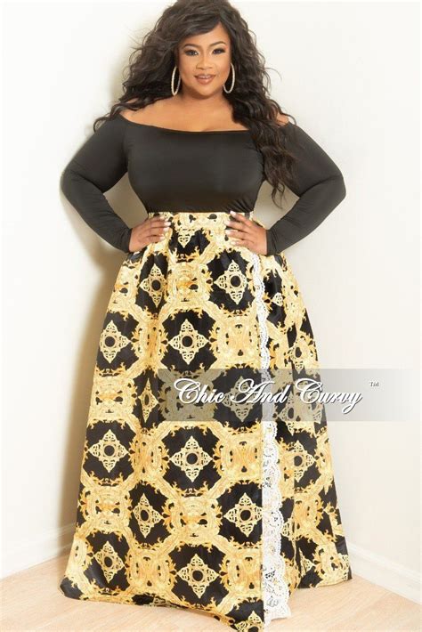 Plus Size Long Skirt In Black And Gold With Ivory Lace Trim Chic And