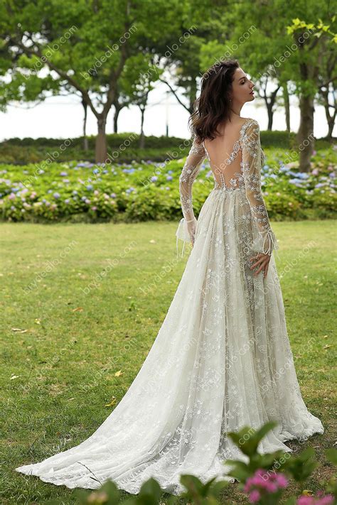 Romantic Flare Long Sleeve Flower Wedding Dress Brydealo